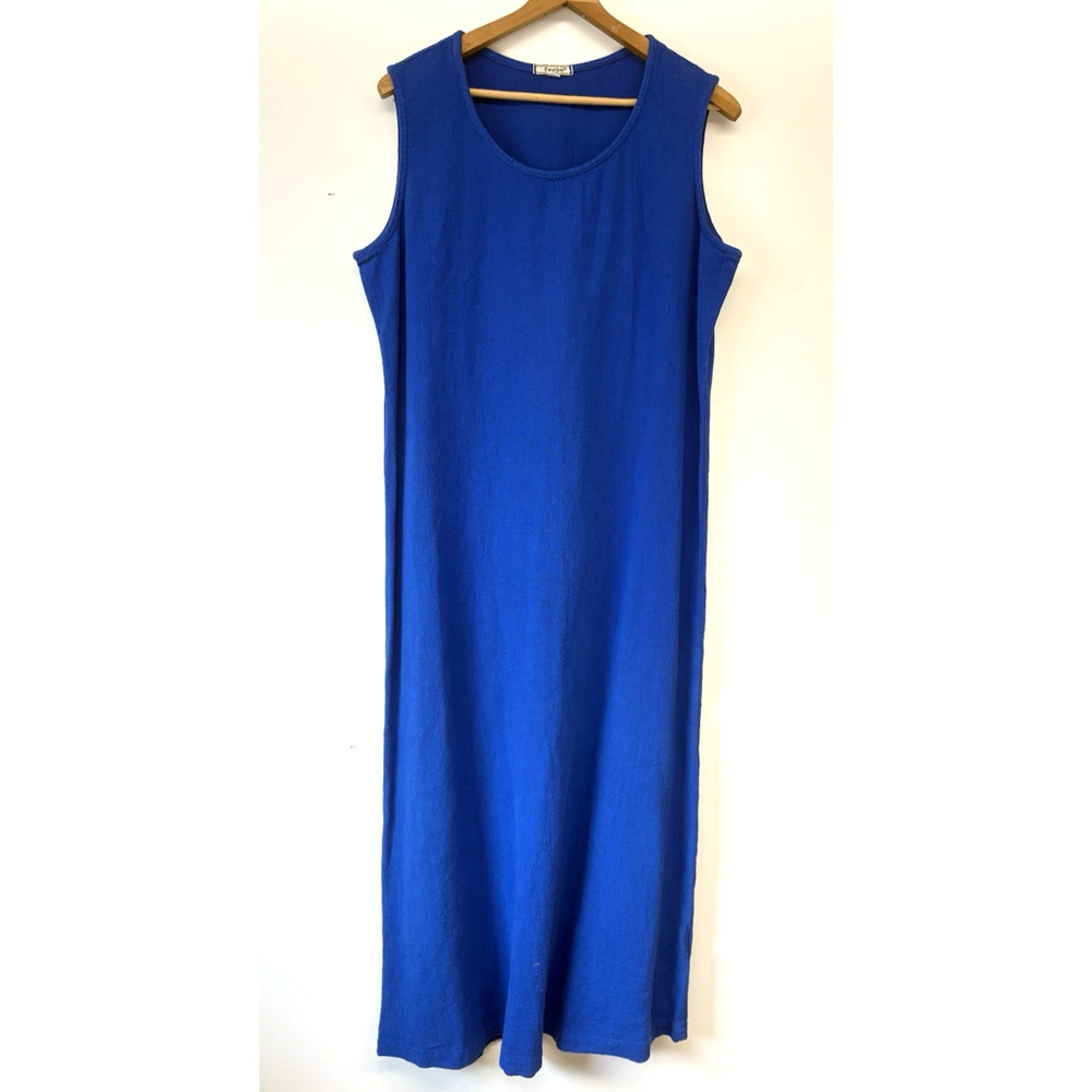 FOCUS Sz M Maxi Shift Dress Sleeveless Blue Textured Lagenlook Minimalist Boho